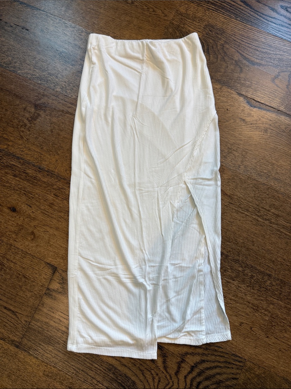 White Ribbed Midi Skirt with Side Slit